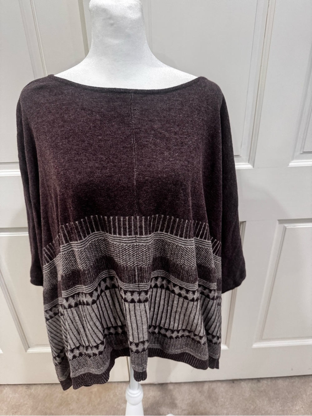 Moda International Brown Tunic with Gray Patterned Hem, M/L